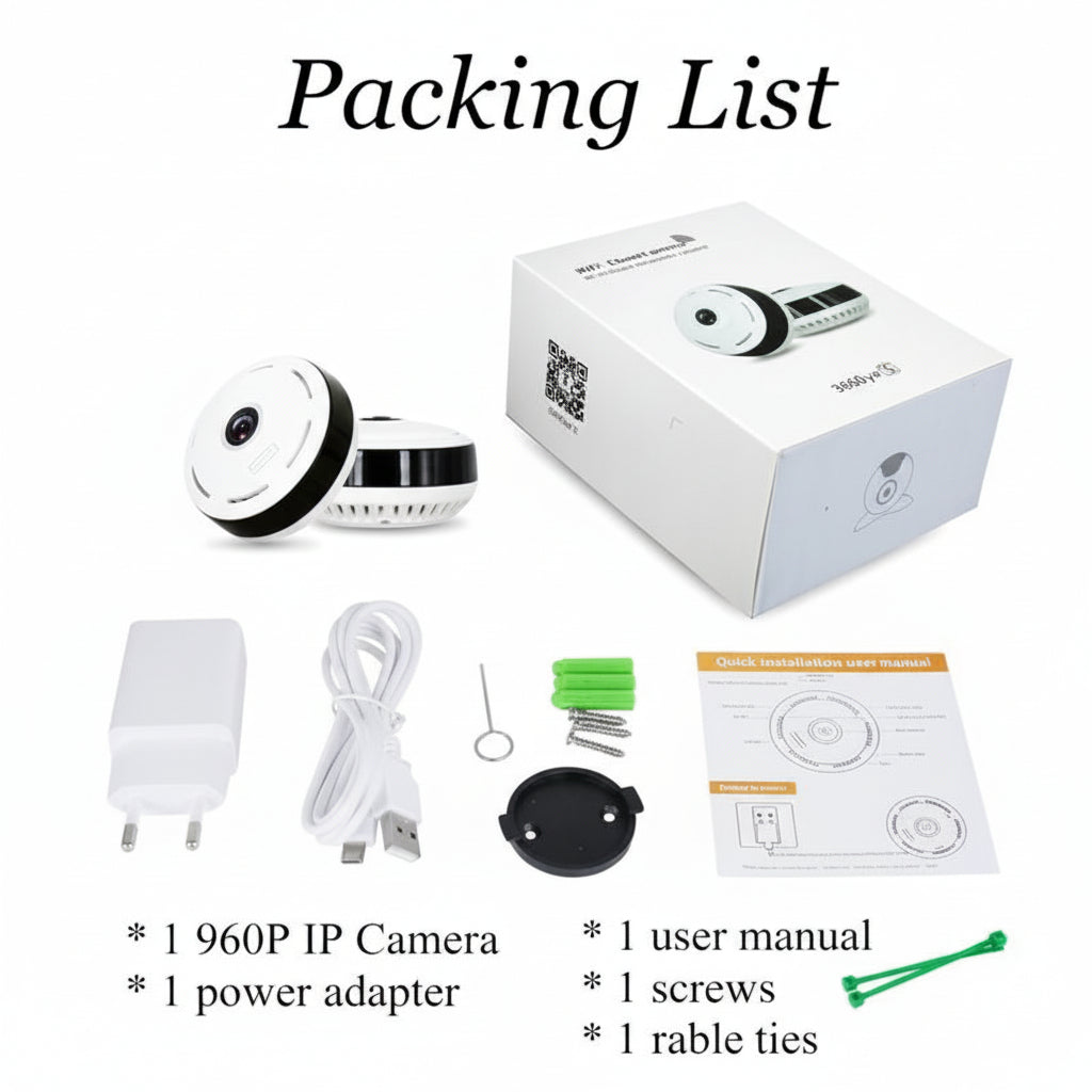 Packing list of a 960P IP camera with accessories on a white background