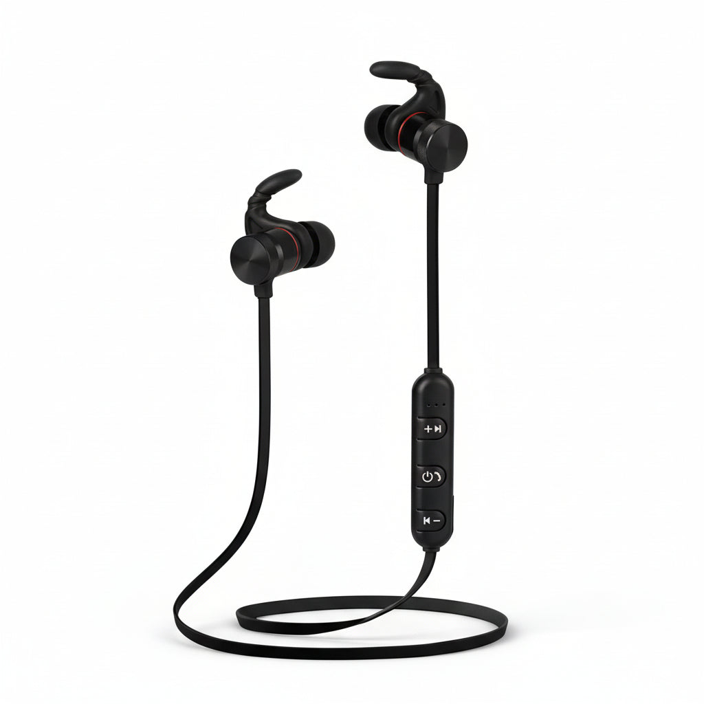 Wireless earbuds with smartphone on a gray background, featuring Hieha branding.