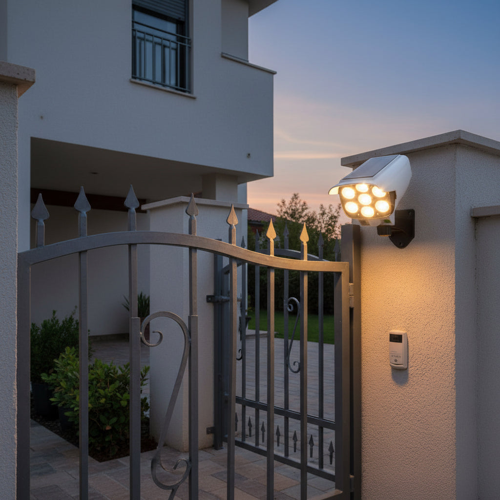 Solar-powered security camera with light on a wall at night