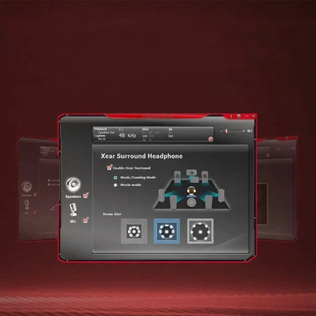 Xear Surround Headphone software interface on a red background