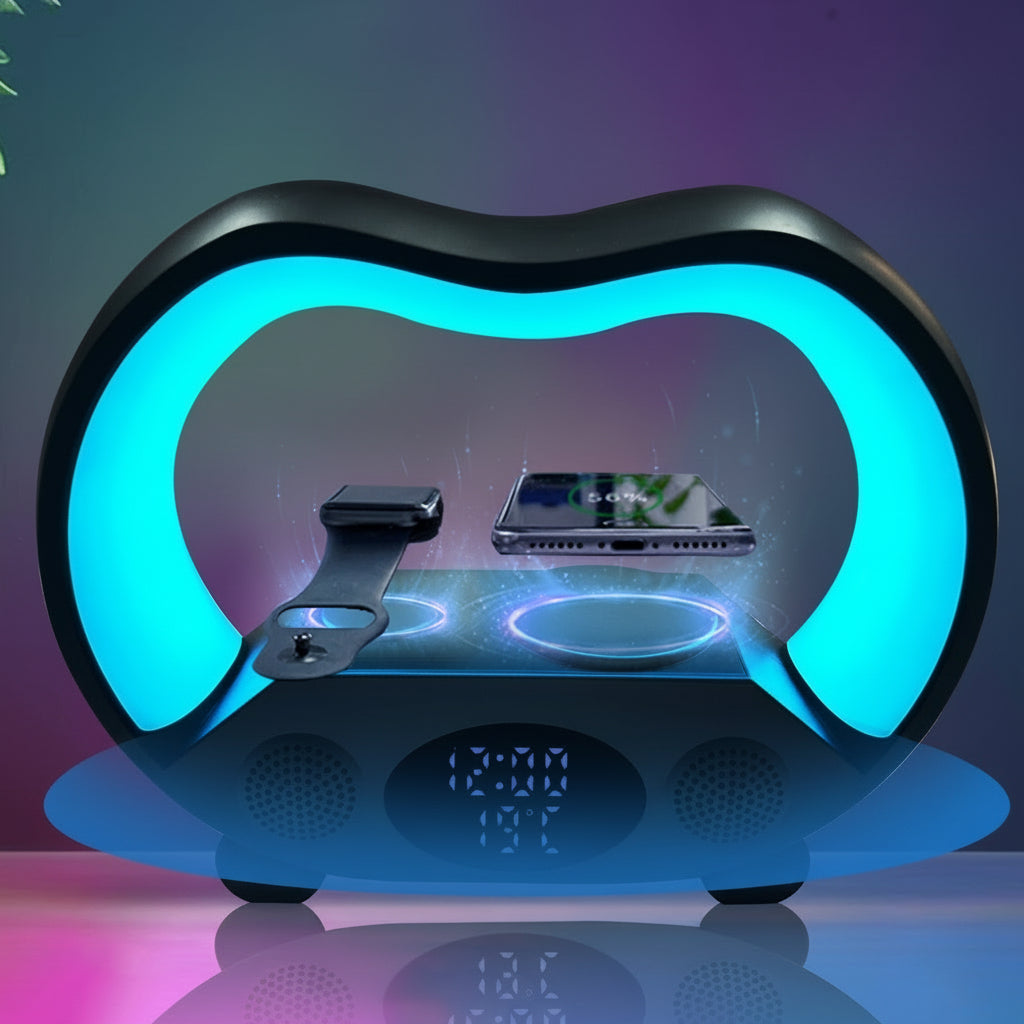 Modern smartphone stand with blue light effects on a colorful background
