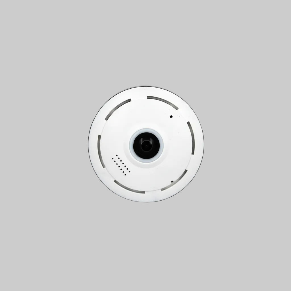 Round camera with a white casing on a white background