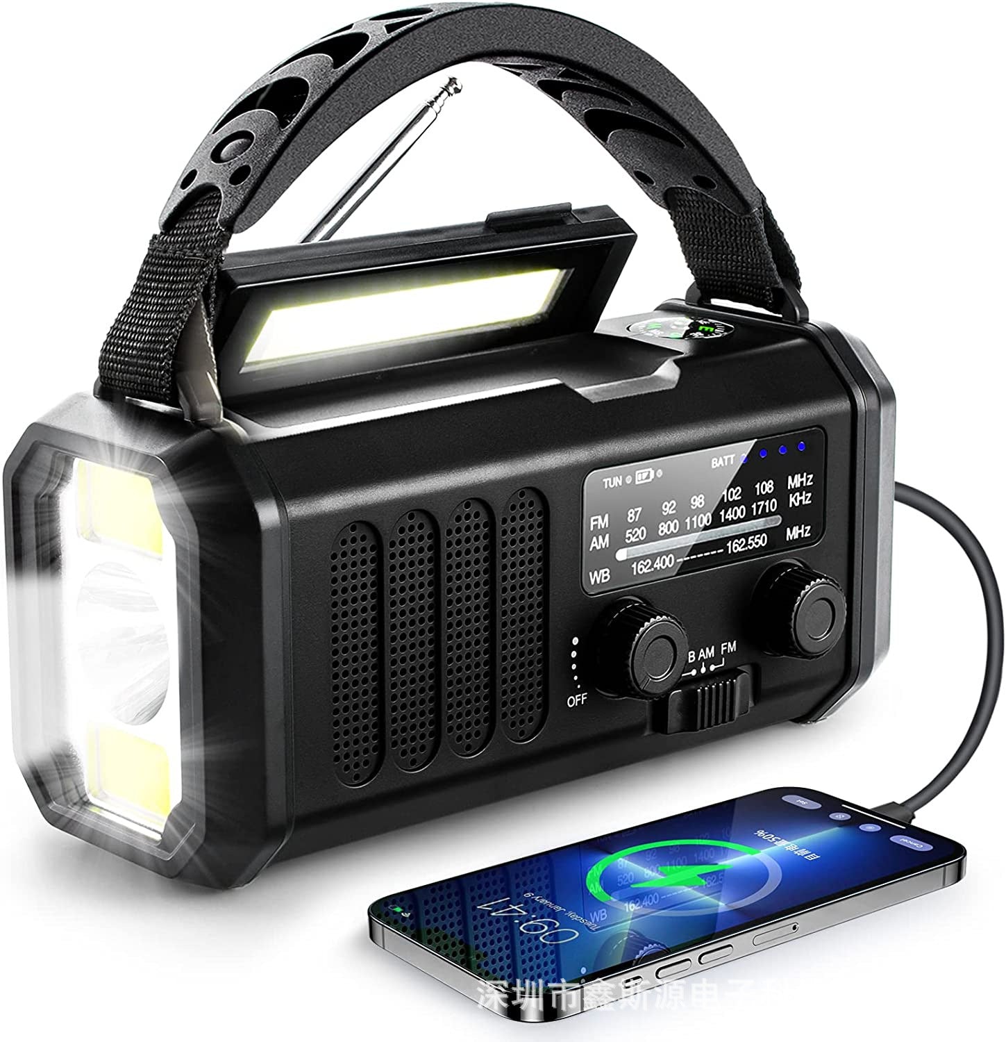 Solar Charging FM/AM Emergency Radio Flashlight with Speaker and Compass