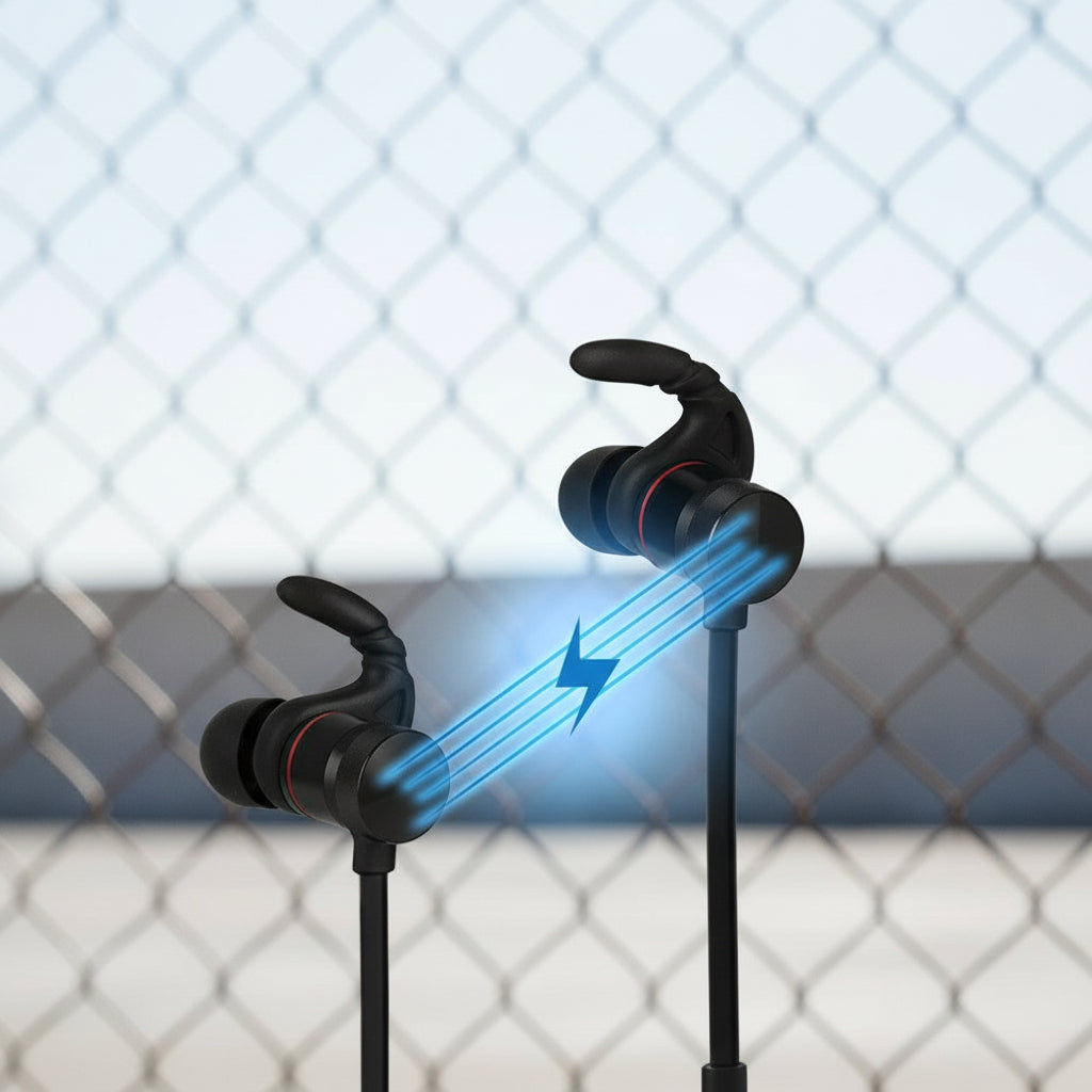 Woman wearing wireless earbuds with built-in magnets, standing outdoors.