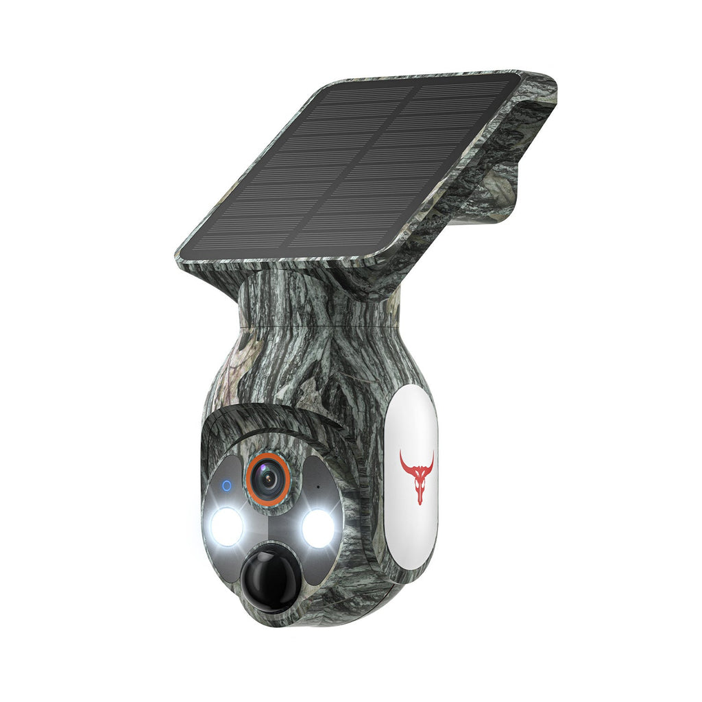 Solar-powered security camera with dimensions displayed on a white background