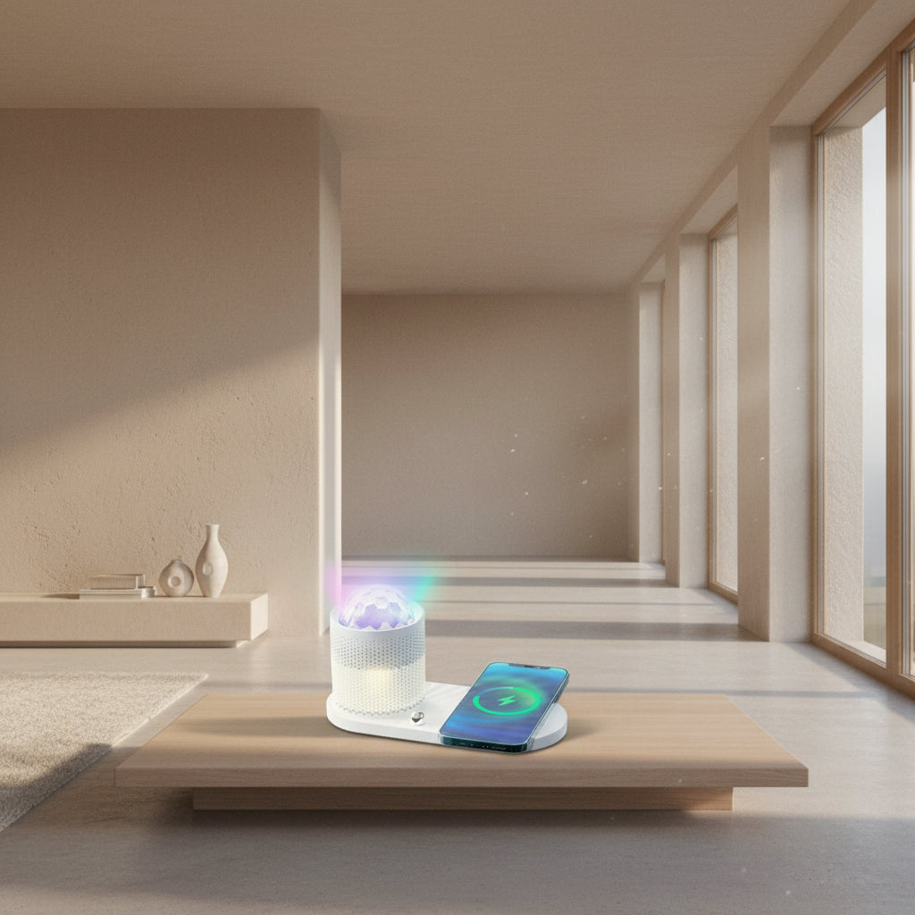 Wireless charging device with starry sky light and smartphone on a colorful galaxy background