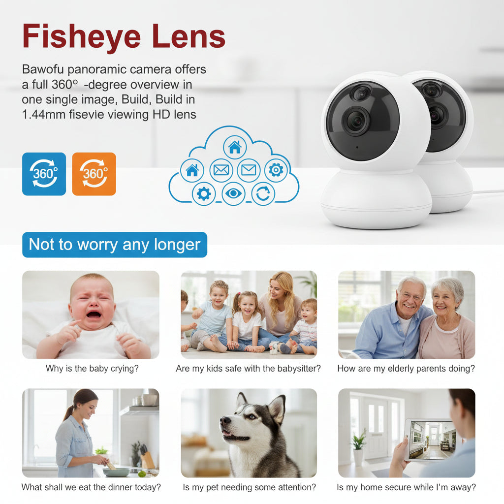 Bawofu panoramic camera with fisheye lens features on a white background