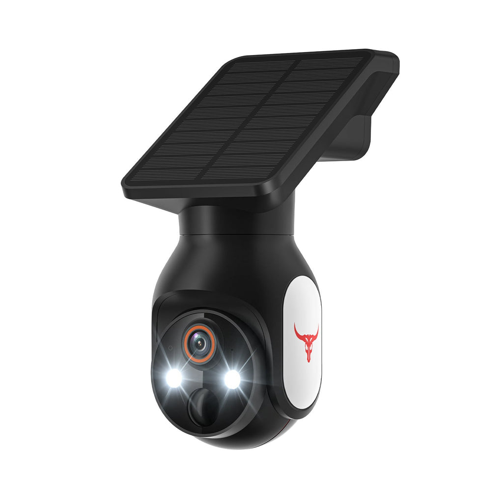 Black solar-powered security camera with dimensions indicated on a white background