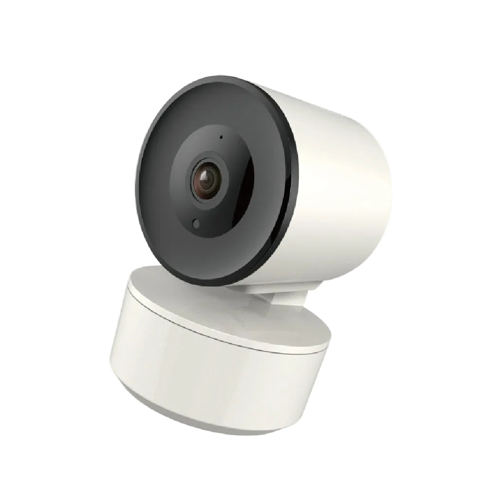 White security camera with black lens on a light gray background