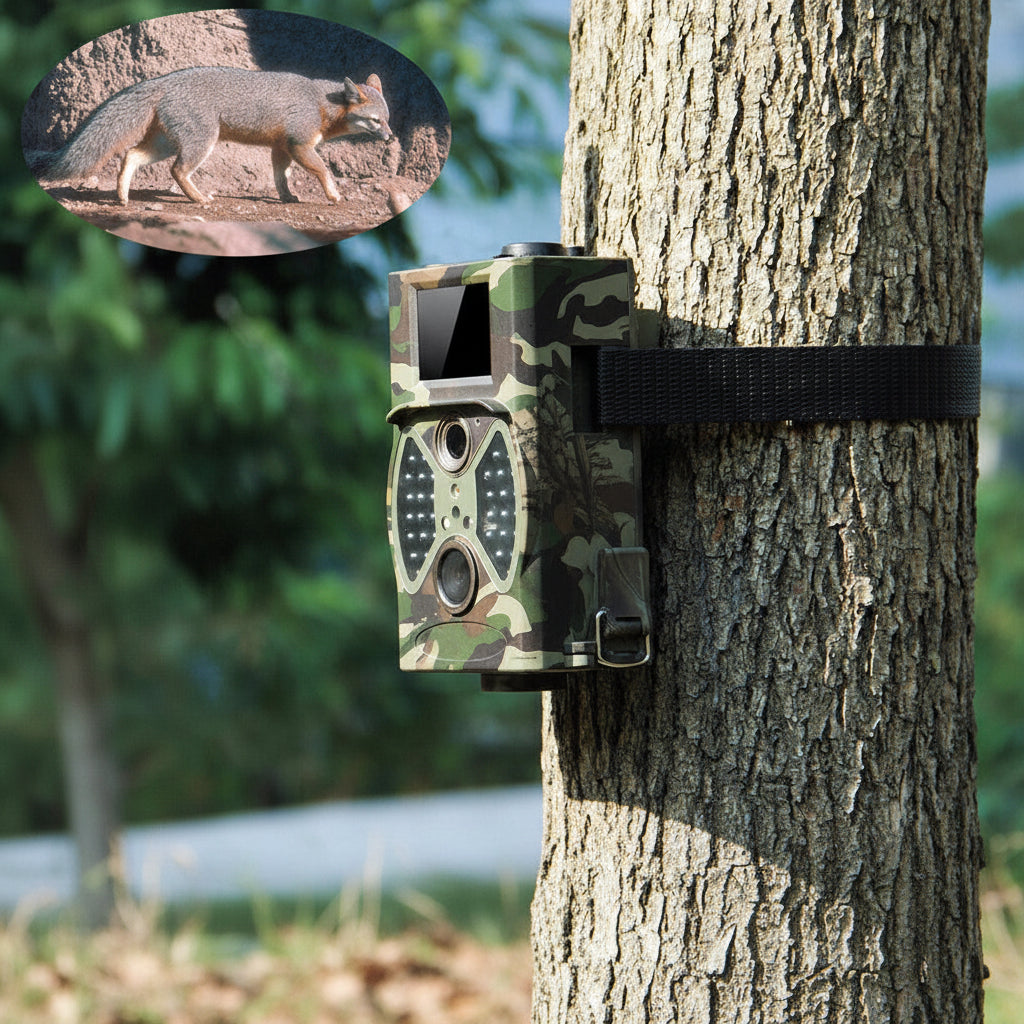 Trail camera attached to a tree with a small inset of a fox, branded 'HC-350A'.