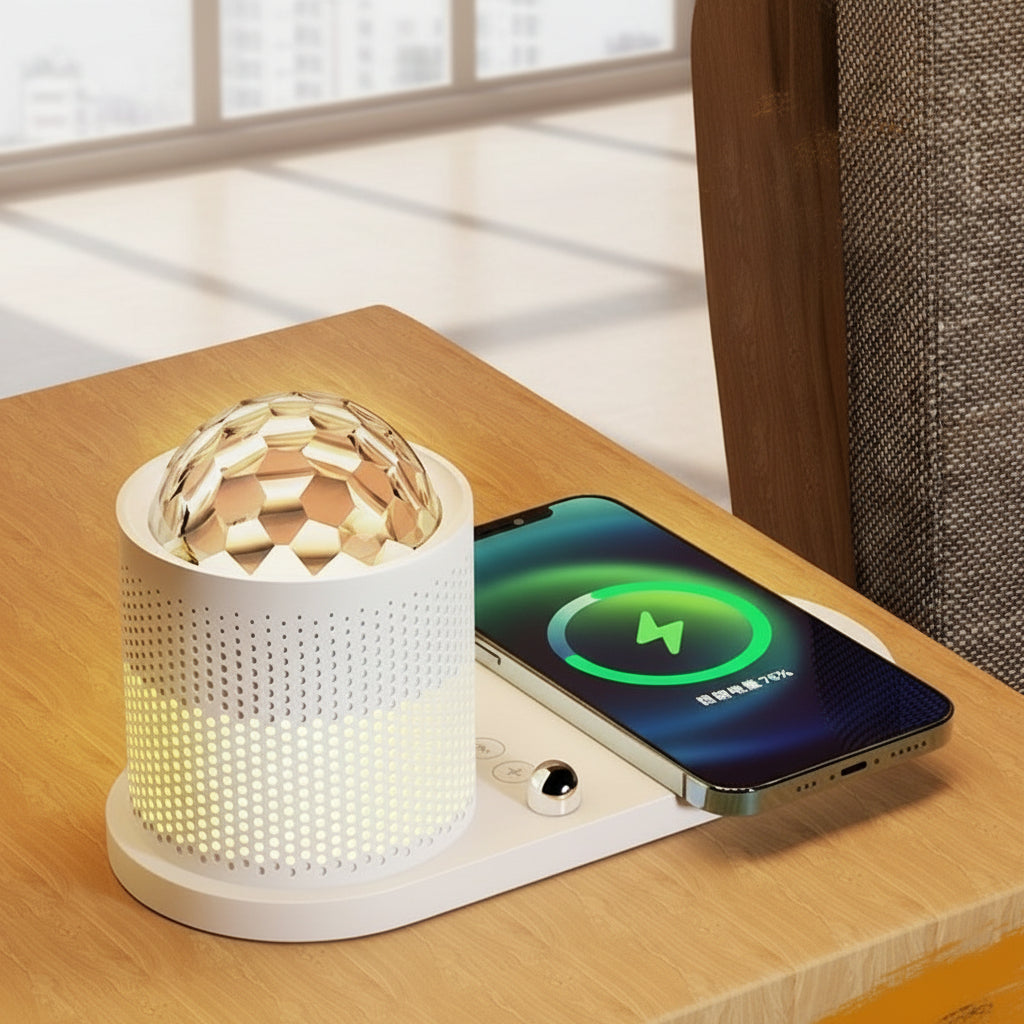 Wireless charging station with Bluetooth speaker and starry sky projection night light on a wooden surface.